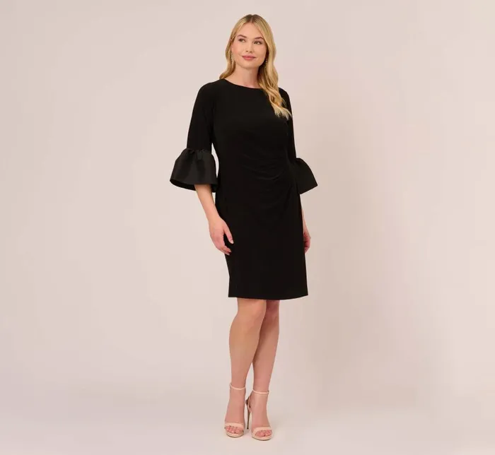 Short Dresses Womens Adrianna Papell Plus Size Draped Jersey Short Sheath Dress With Bell Cuffs In Black