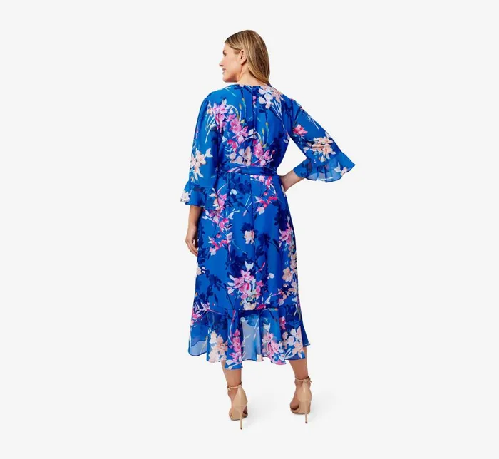 Short Dresses Womens Adrianna Papell Plus Size FloralPrint Chiffon Short Wrap Dress In Blue Multi