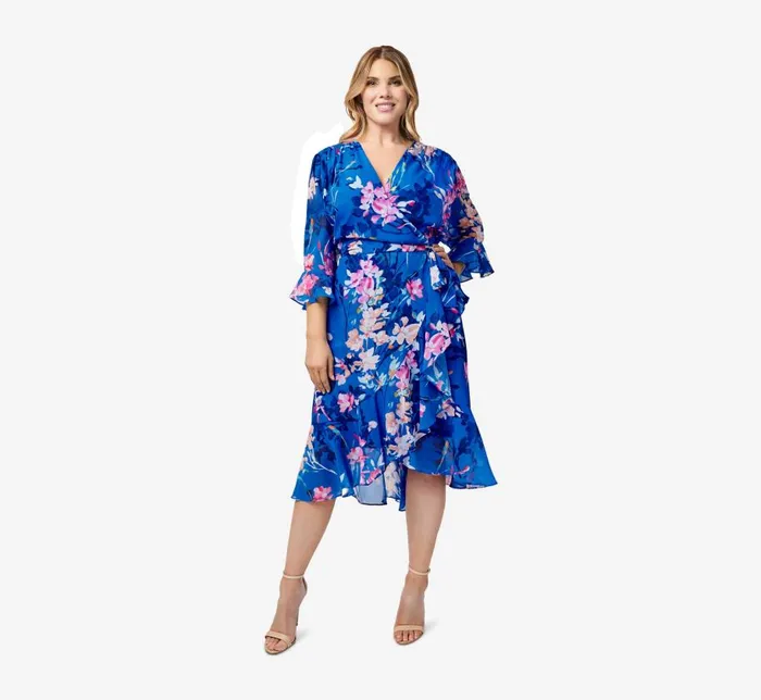 Short Dresses Womens Adrianna Papell Plus Size FloralPrint Chiffon Short Wrap Dress In Blue Multi