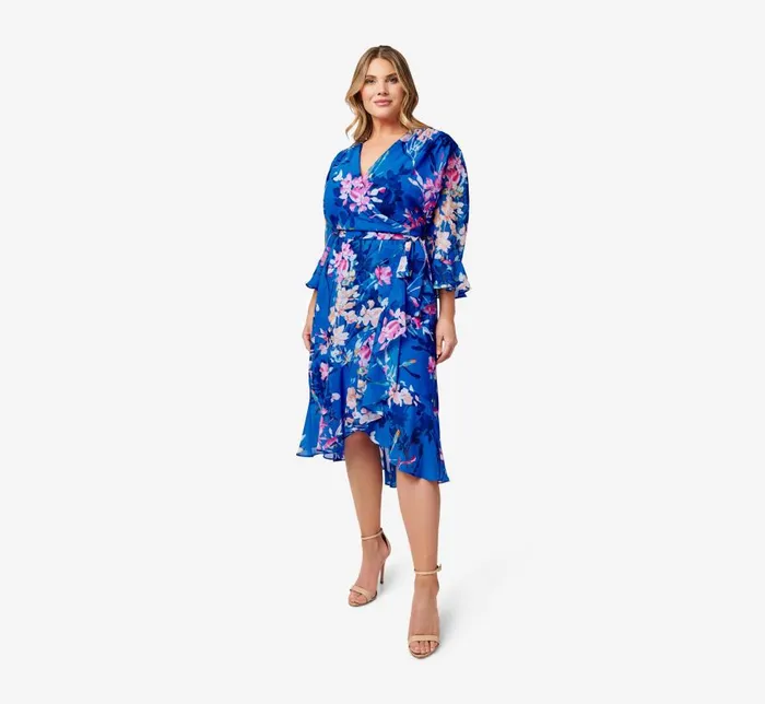 Short Dresses Womens Adrianna Papell Plus Size FloralPrint Chiffon Short Wrap Dress In Blue Multi