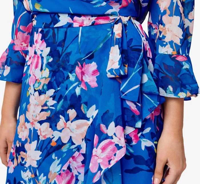 Short Dresses Womens Adrianna Papell Plus Size FloralPrint Chiffon Short Wrap Dress In Blue Multi