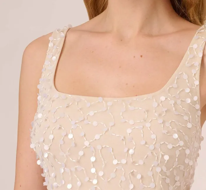 Short Dresses Womens Adrianna Papell Sequin Beaded Dress With Square Neckline In Ivory Pearl