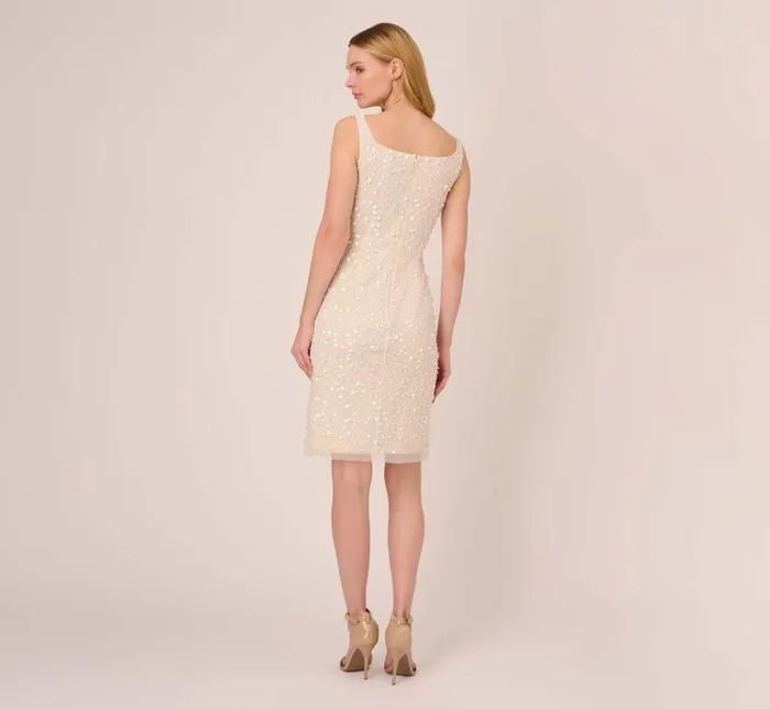 Short Dresses Womens Adrianna Papell Sequin Beaded Dress With Square Neckline In Ivory Pearl