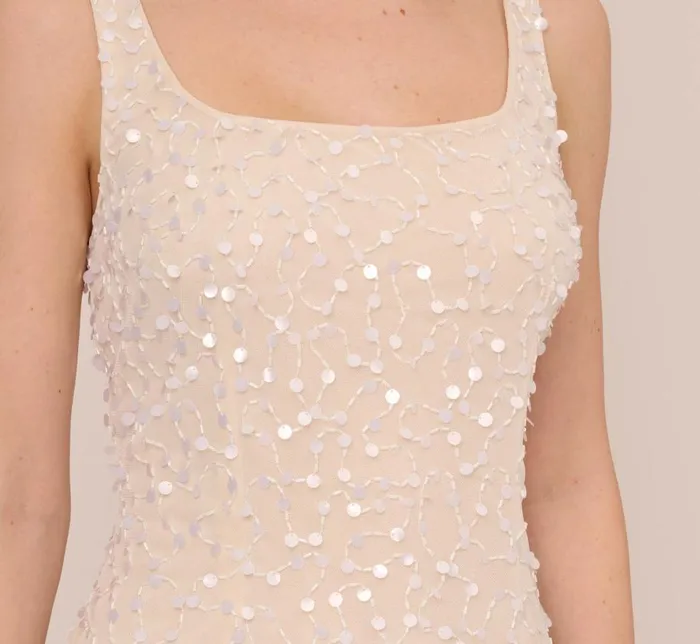 Short Dresses Womens Adrianna Papell Sequin Beaded Dress With Square Neckline In Ivory Pearl