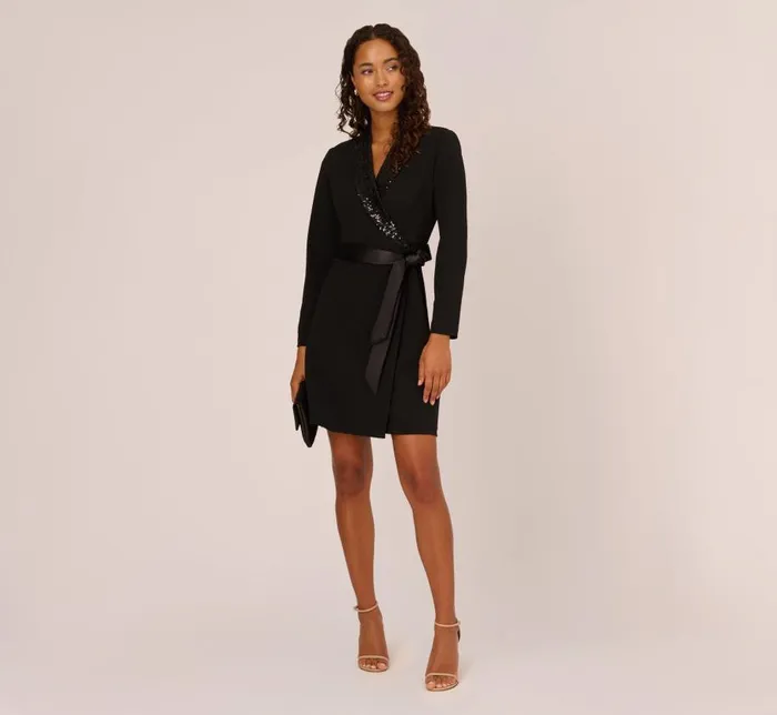 Short Dresses Womens Adrianna Papell Sequin Collar Tuxedo Dress In Black