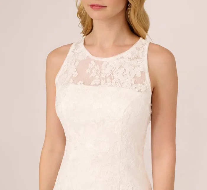 Short Dresses Womens Adrianna Papell Sleeveless Floral Lace Dress With Feather Trim In Ivory