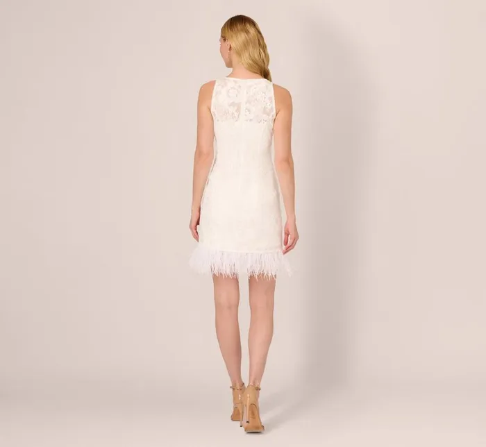 Short Dresses Womens Adrianna Papell Sleeveless Floral Lace Dress With Feather Trim In Ivory