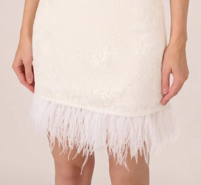 Short Dresses Womens Adrianna Papell Sleeveless Floral Lace Dress With Feather Trim In Ivory
