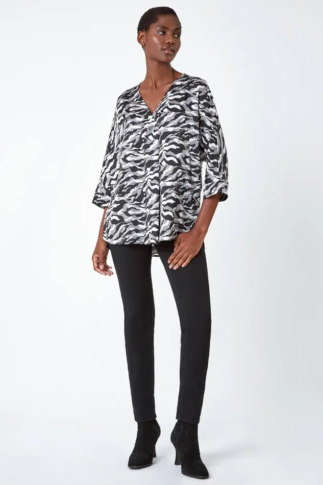 Silver Animal Print Button Detail VNeck Top Women Roman Tops
