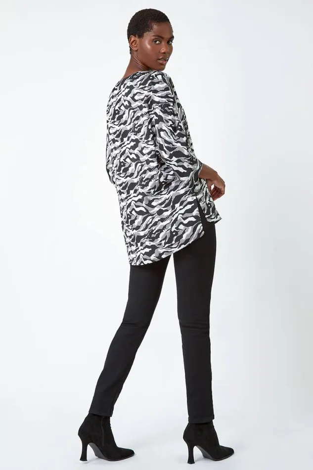 Silver Animal Print Button Detail VNeck Top Women Roman Tops