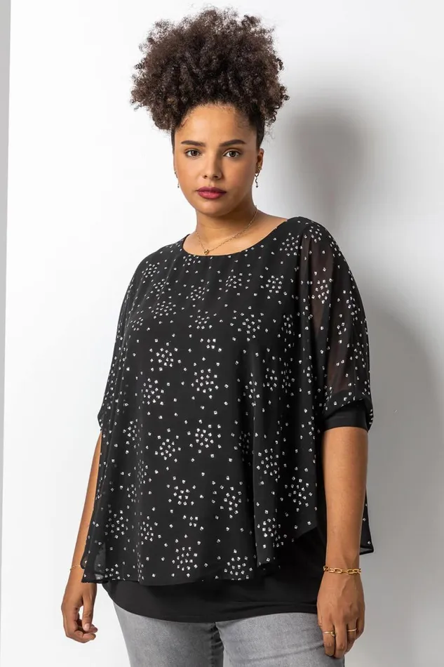 Silver Curve Foil Print Overlay Top Women Roman Tops