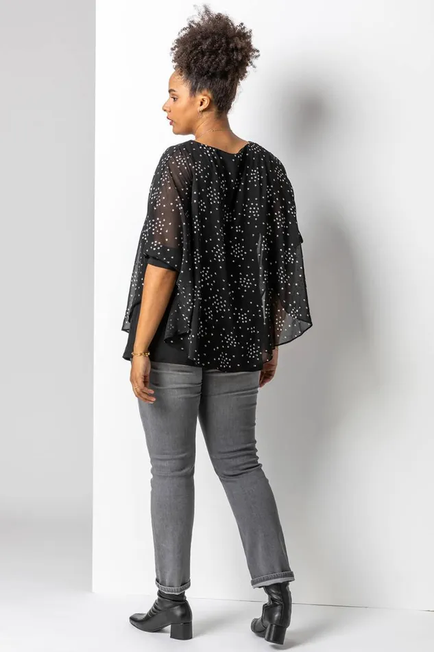 Silver Curve Foil Print Overlay Top Women Roman Tops