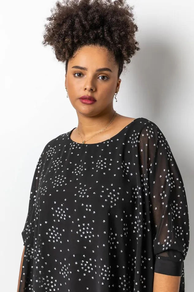 Silver Curve Foil Print Overlay Top Women Roman Tops