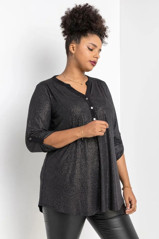 Silver Curve Glitter Stripe Button Detail Top Women Roman Tops