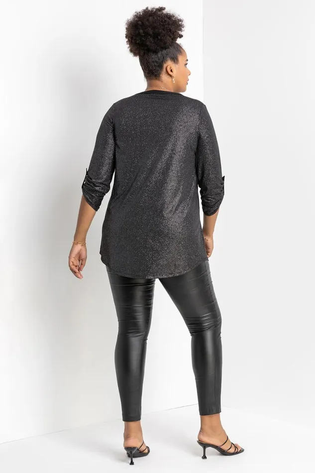Silver Curve Glitter Stripe Button Detail Top Women Roman Tops