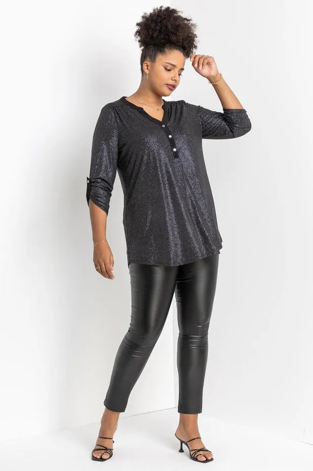 Silver Curve Glitter Stripe Button Detail Top Women Roman Tops