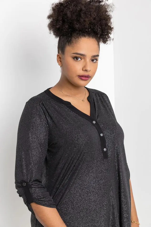 Silver Curve Glitter Stripe Button Detail Top Women Roman Tops