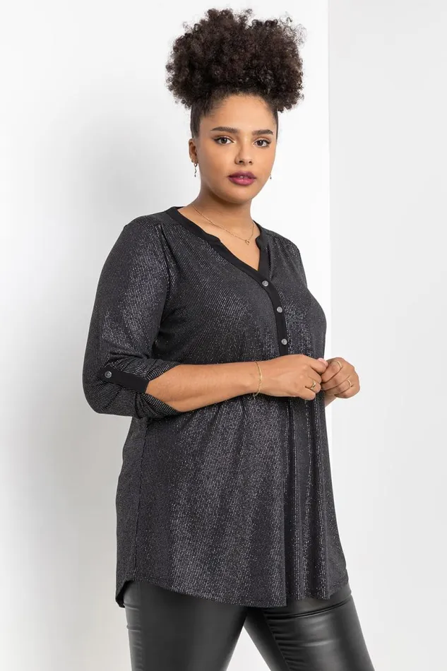 Silver Curve Glitter Stripe Button Detail Top Women Roman Tops