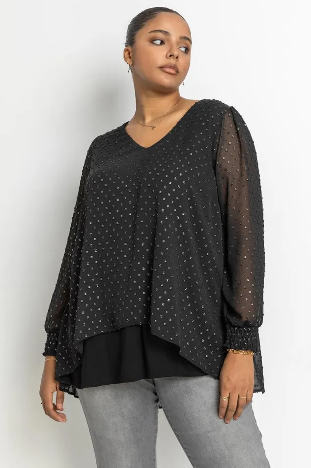 Silver Curve Metallic Textured Spot Blouse Women Roman Tops
