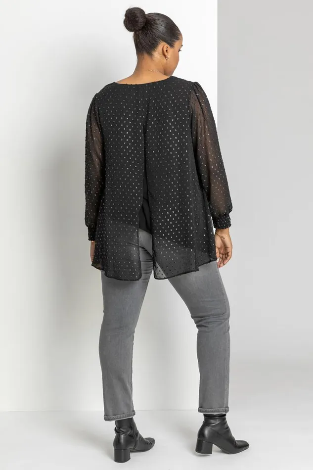 Silver Curve Metallic Textured Spot Blouse Women Roman Tops