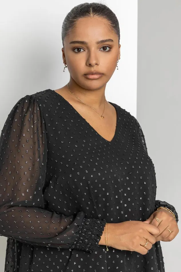 Silver Curve Metallic Textured Spot Blouse Women Roman Tops