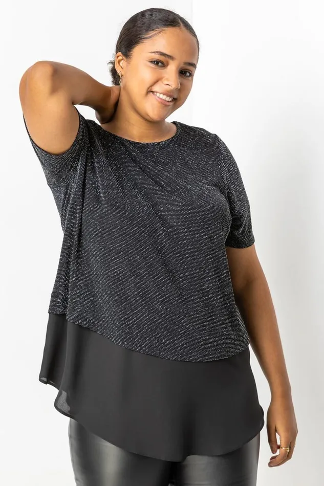 Silver Curve Sparkle Overlay Tunic Top Women Roman Tops