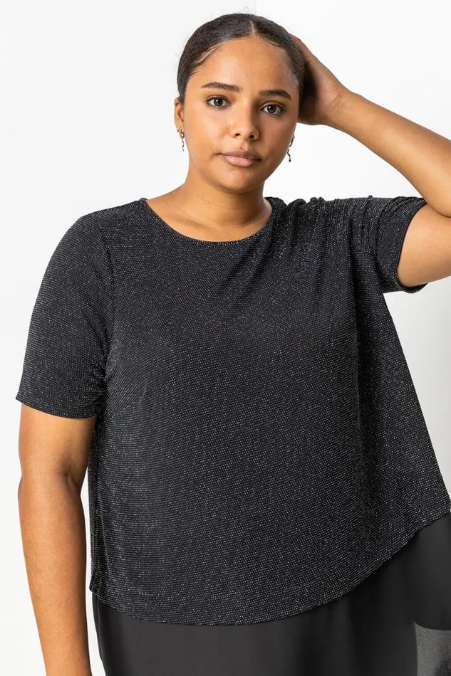 Silver Curve Sparkle Overlay Tunic Top Women Roman Tops