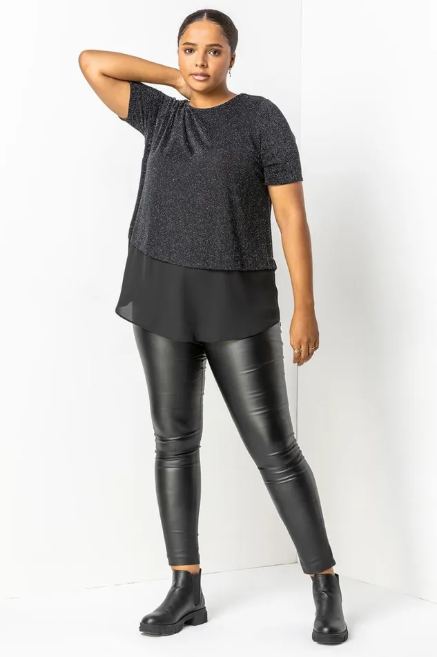 Silver Curve Sparkle Overlay Tunic Top Women Roman Tops