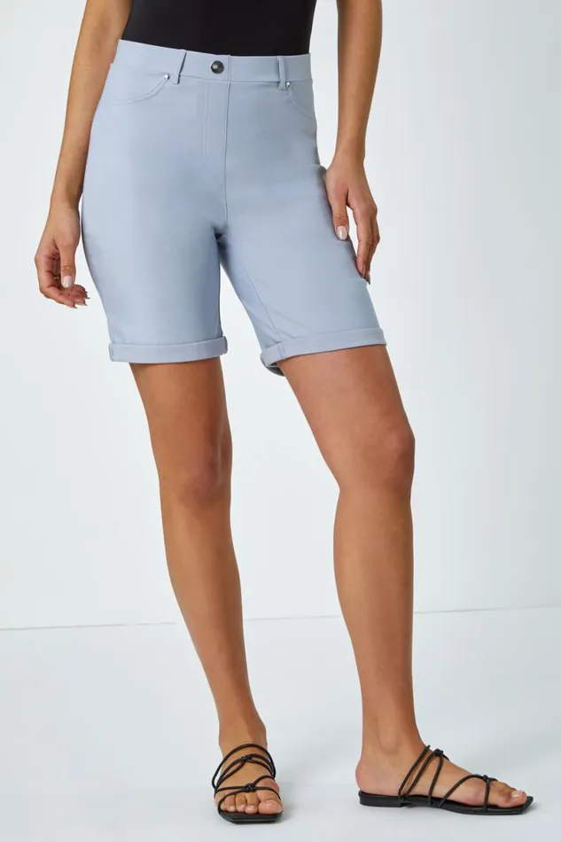 Silver Elastic Waist Turn Up Stretch Shorts Women Roman Shorts