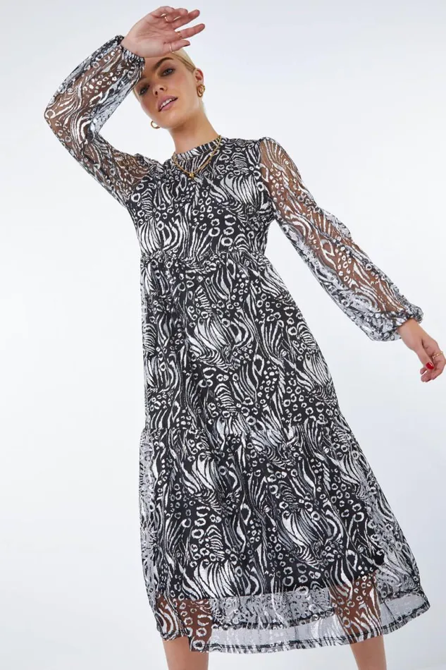 Silver Metallic Animal Print Tiered Midi Dress Women Roman Dresses