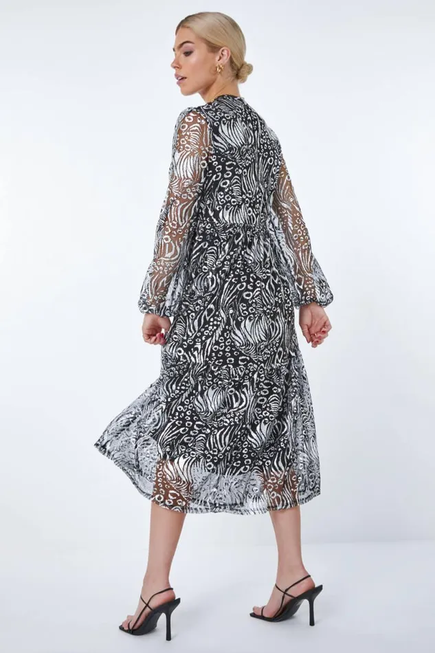 Silver Metallic Animal Print Tiered Midi Dress Women Roman Dresses