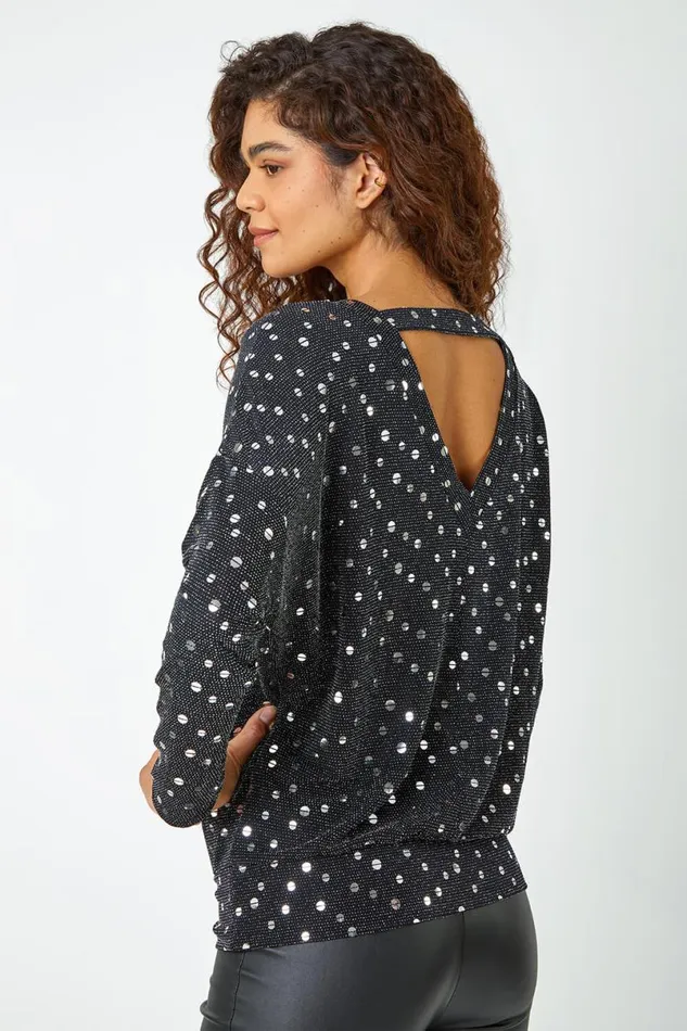 Silver Sequin Detail Blouson Stretch Top Women Roman Tops