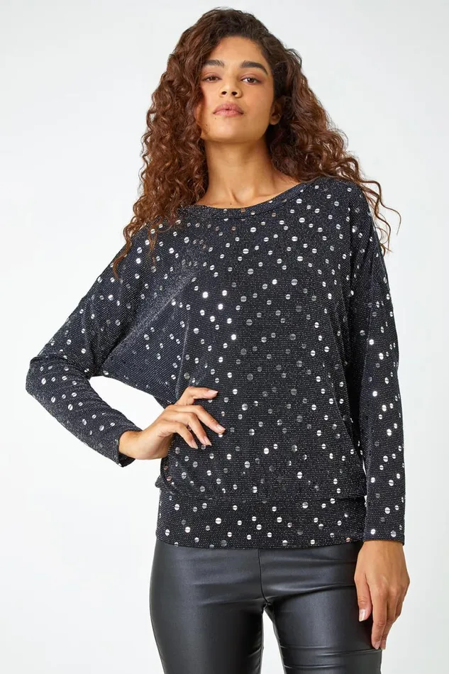 Silver Sequin Detail Blouson Stretch Top Women Roman Tops