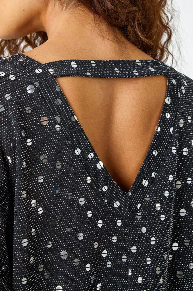 Silver Sequin Detail Blouson Stretch Top Women Roman Tops