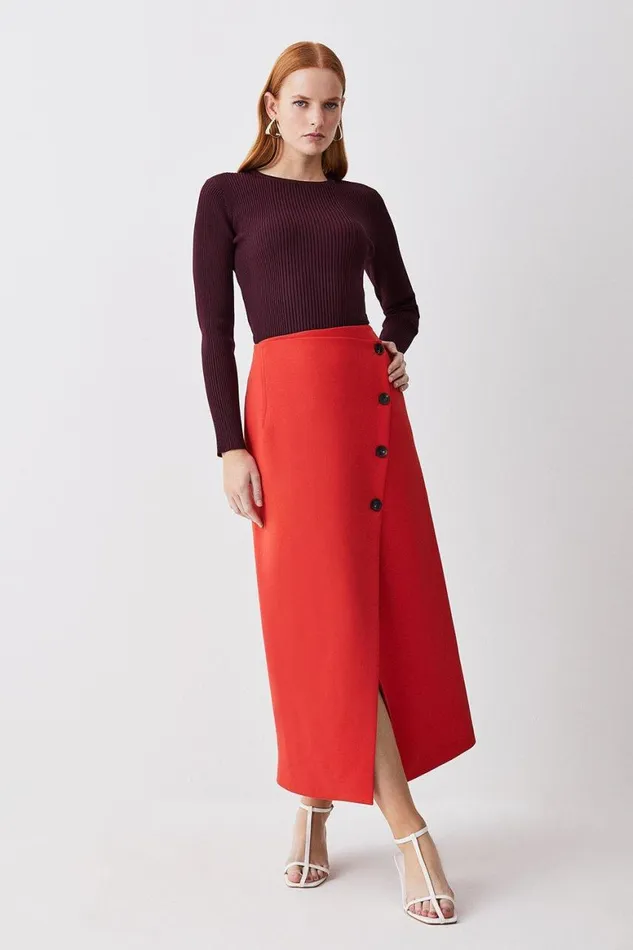 Skirts Women Karen Millen Compact Stretch Low Waist Wrap Midaxi Skirt Red