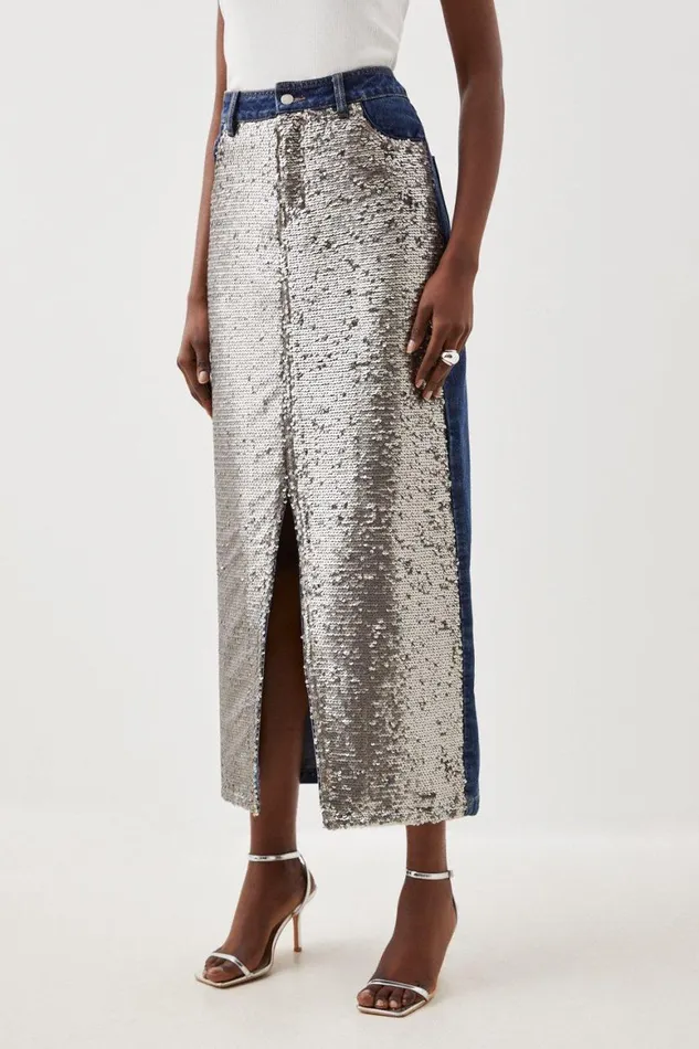 Skirts Women Karen Millen Denim and Sequin Maxi Skirt Mid Blue