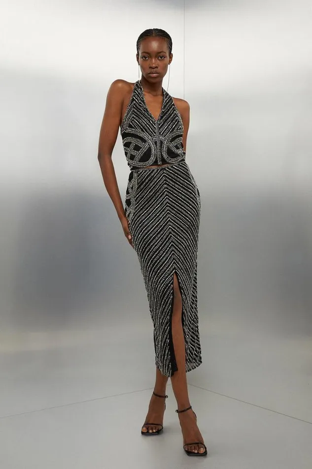 Skirts Women Karen Millen Embellished Beaded Woven Skirt Gun Metal