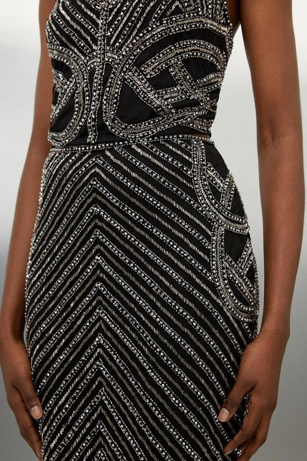 Skirts Women Karen Millen Embellished Beaded Woven Skirt Gun Metal