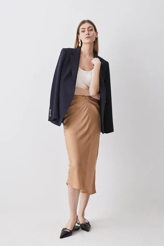 Skirts Women Karen Millen Satin Ruched Front Midi Skirt Camel