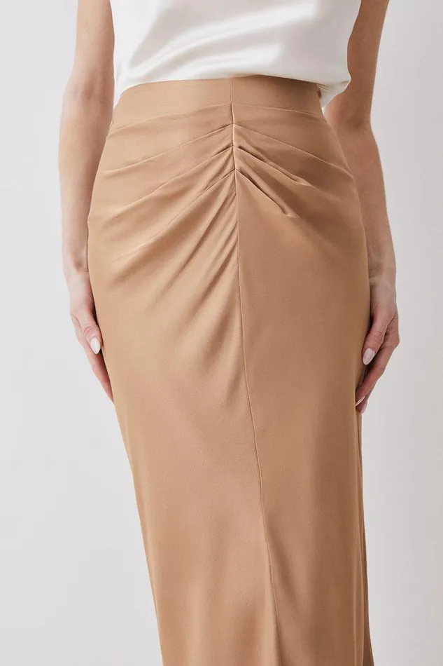 Skirts Women Karen Millen Satin Ruched Front Midi Skirt Camel