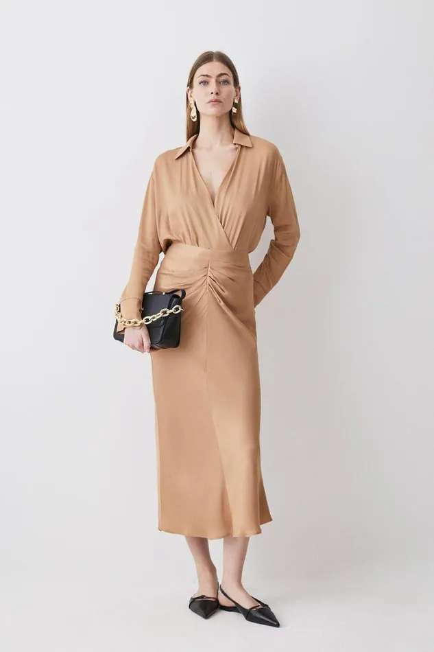 Skirts Women Karen Millen Satin Ruched Front Midi Skirt Camel