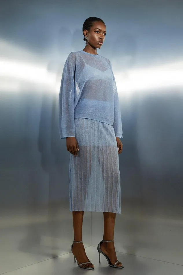 Skirts Women Karen Millen Semisheer Metallic Thread Split Detail Knit Skirt Light Blue