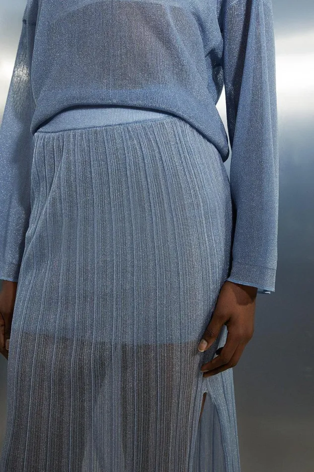 Skirts Women Karen Millen Semisheer Metallic Thread Split Detail Knit Skirt Light Blue