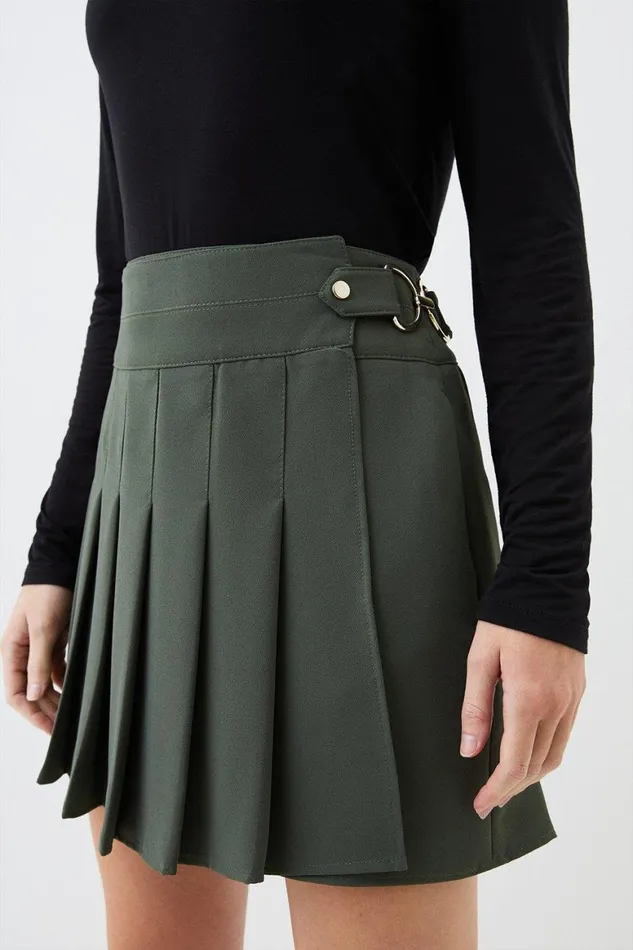 Skirts Women Karen Millen Tailored Crepe Tab Detail Pleated Mini Skirt Khaki