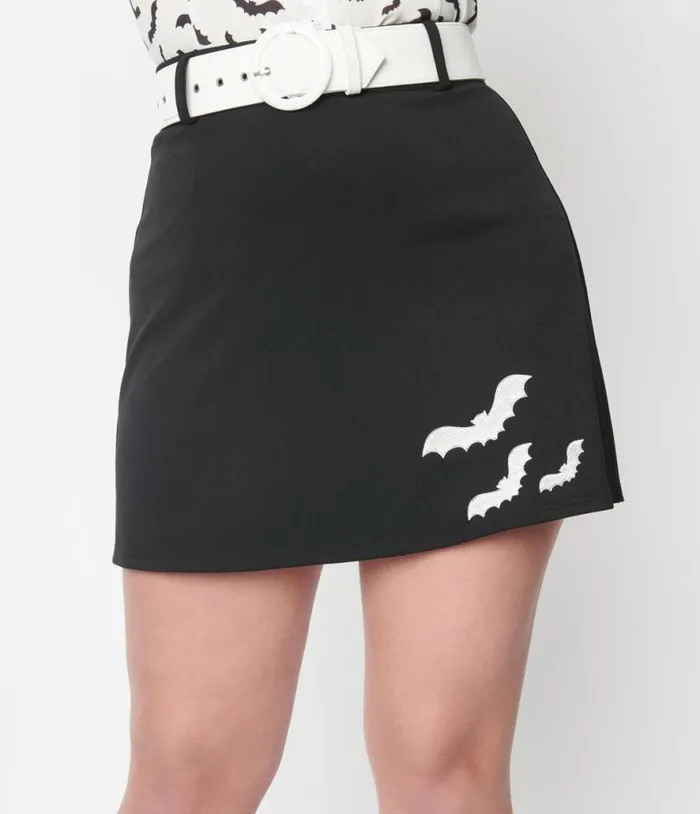 Smak Parlour Black and White Bat Embroidered Easy Does It Mini Skirt ClothingHalloweenPlus Unique Vintage Skirts