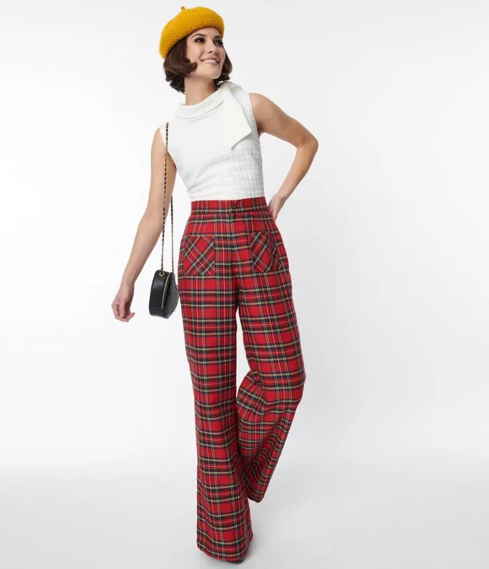 Smak Parlour Red Plaid Wide Leg Trousers ClothingPlus Unique Vintage Pants