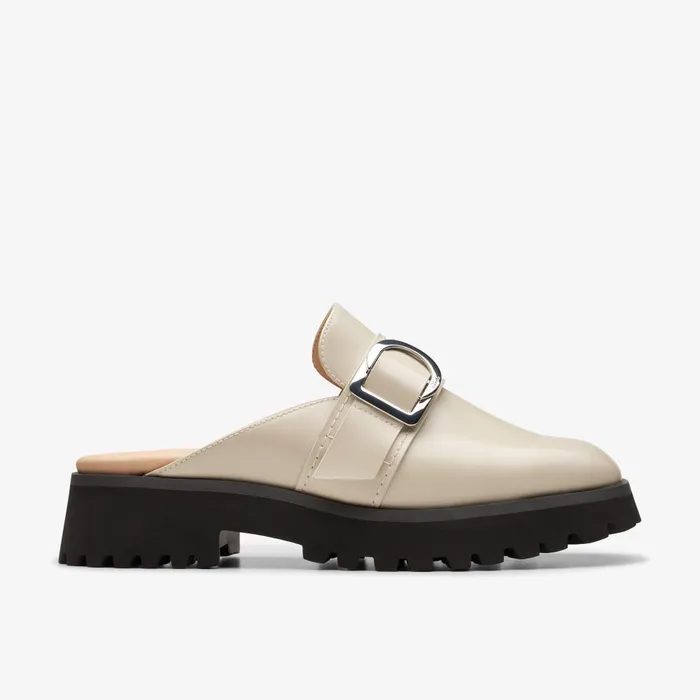 Stayso Free Ivory Leather Women Clarks Clogs and Mules