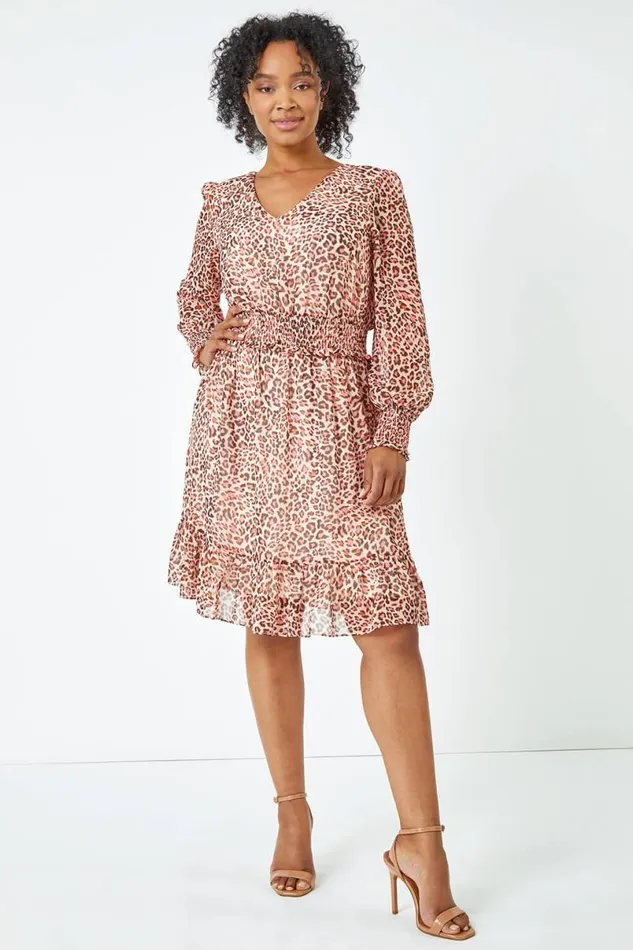 Stone Petite Leopard Chiffon Frill Tiered Dress Women Roman Dresses