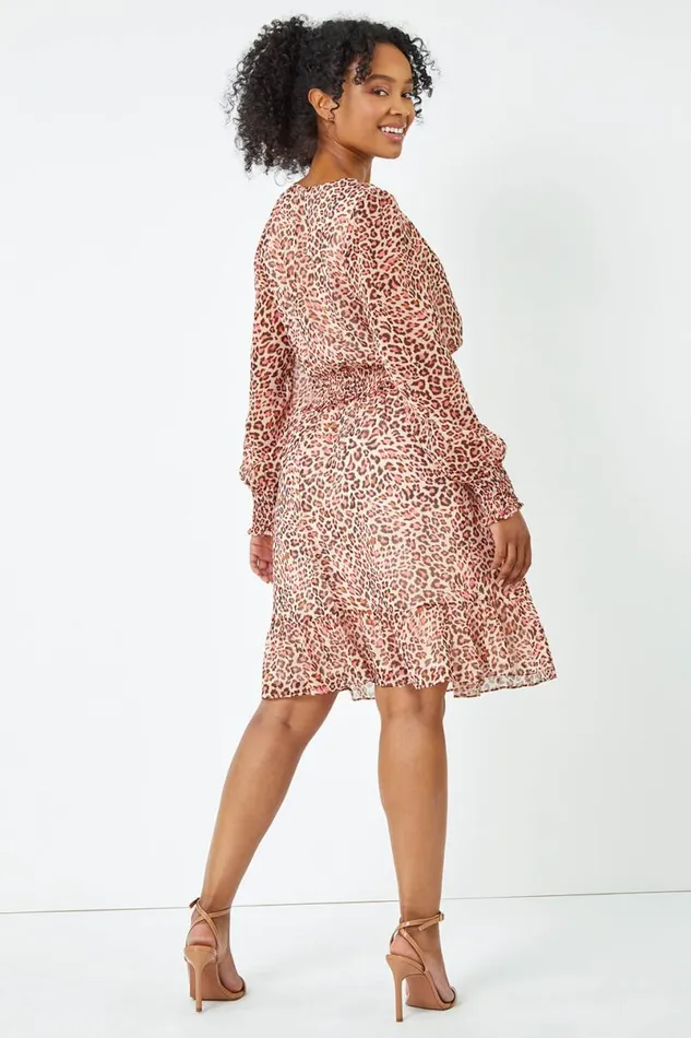 Stone Petite Leopard Chiffon Frill Tiered Dress Women Roman Dresses