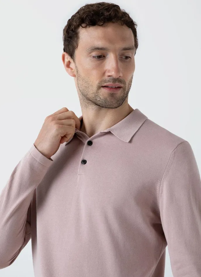 SUNSPEL Knitwear Long Sleeve Sea Island Cotton Polo Shirt Pale Pink 8211 Men